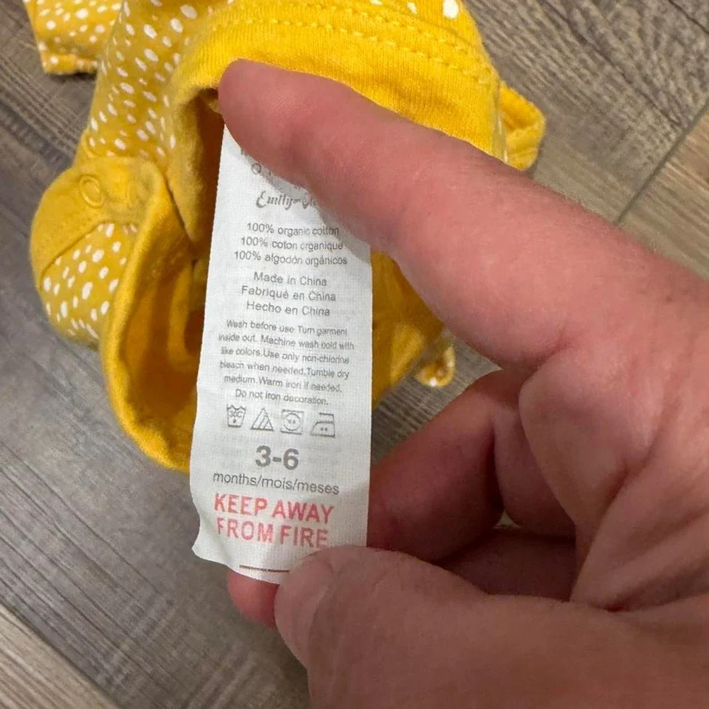 'Rabbit & Bear 3-6 mo organic cotton yellow bodysuit with white polka dots